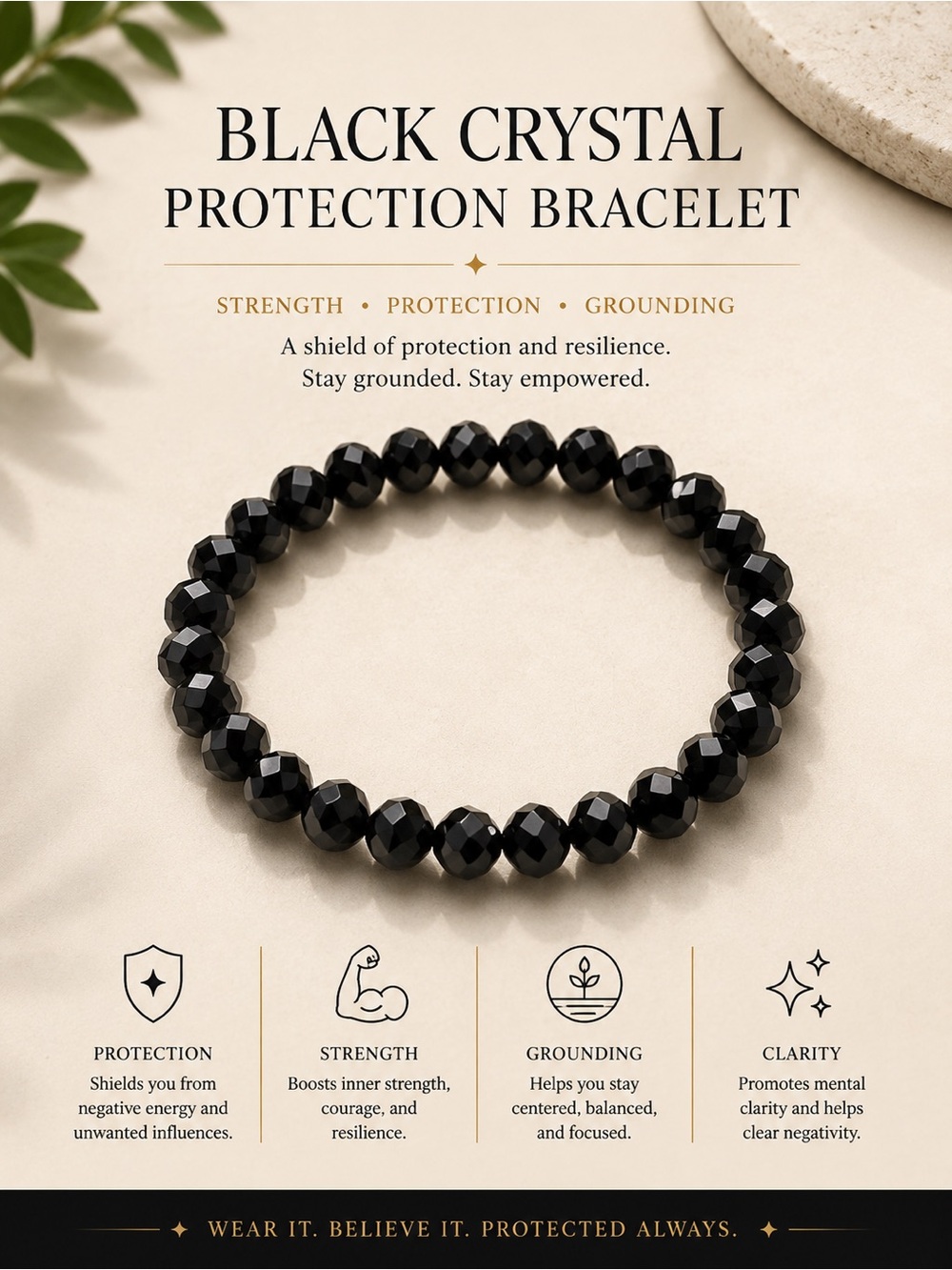Black Crystal Protection Bracelet - Black Beaded Men’s Bracelet #107